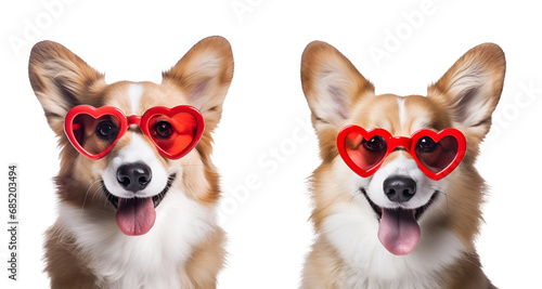Cute dog for Valentine’s Day: Set of funny portrait Corgi with heart-shaped sunglasses, Isolated on Transparent Background, PNG photo
