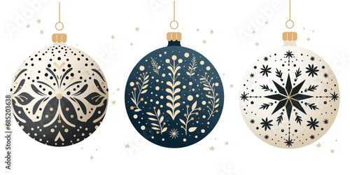 Set of Christmas ball with decorative ornament. Scandi minimalism style. New Year decorative elements 