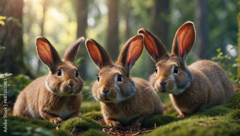 Three rabbits are standing in the forest. Three rabbits are standing in the forest.