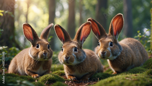 Three rabbits are standing in the forest.