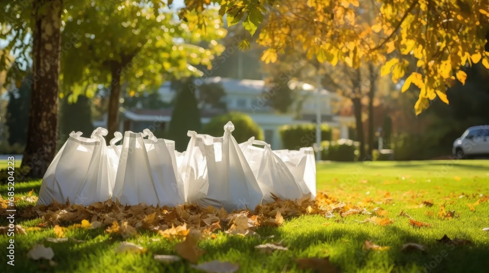 leaves in white bags on grass. eco disposal of fallen foliage.