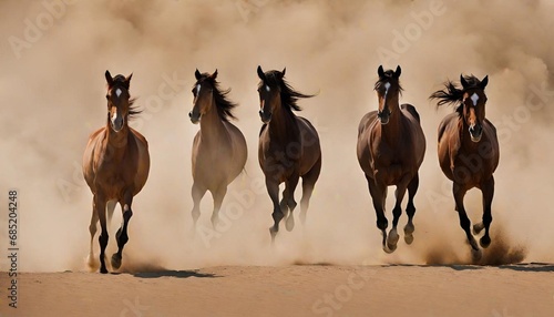 horses running in sand storm