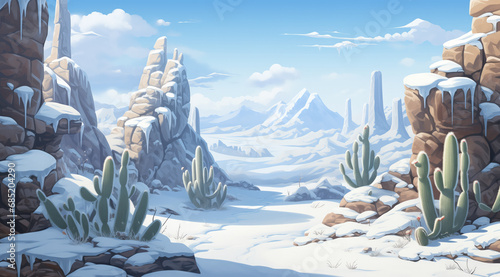 Freezing cold winter desert valley landscape, chilly atmosphere, canyon of eroded rock formations covered in white snow, Saguaro cactus plants with distant mountains and hills. photo