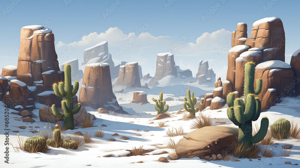 Freezing cold winter desert valley landscape, chilly atmosphere, canyon of eroded rock formations covered in white snow, Saguaro cactus plants with distant mountains and hills.