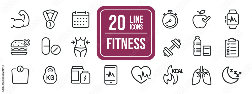 Fitness thin line icons. Editable stroke. For website marketing design, logo, app, template, ui, etc. Vector illustration.