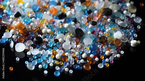 Close-up of microplastic particles background. Environmental water pollution problem of rubbish and trash in the oceans and seas