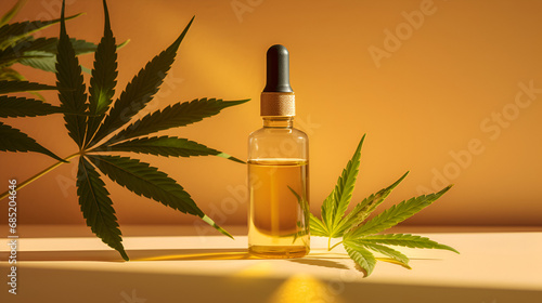 Cannabis oil, cbd oil in bottles on beige background with copy space.