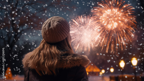Rear view of woman watch their New Year fireworks display amazement and delight in a snowy park in front of firework display, generative ai