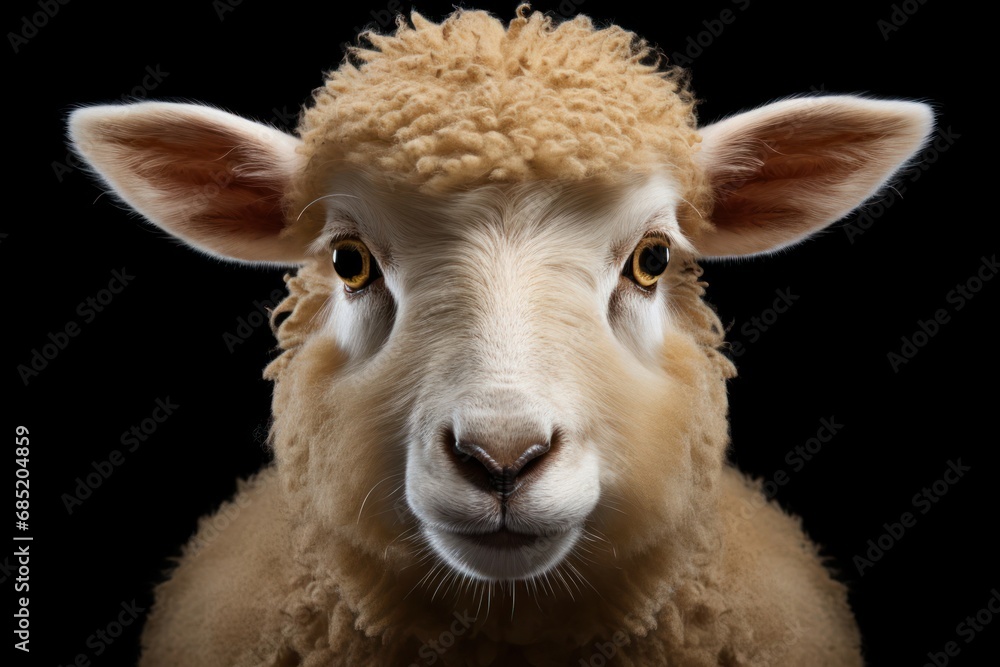 Close-Up Portrait of Sheep's Face on Black Background Generative AI