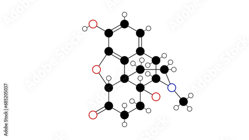 oxymorphone molecule, structural chemical formula, ball-and-stick model, isolated image opioid analgesic