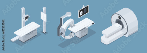 A set of medical machine, x-ray, x-ray fluoroscopy, magnetic resonance imaging, in isometric vector design. photo