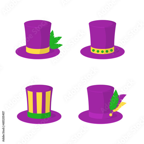 Mardi gras purple top hats collection. Set of festive masquerade costume elements.