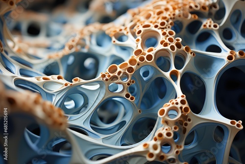 Close-up of a blue porous structure with golden particles, conveying a microcosmic landscape with intricate detail.