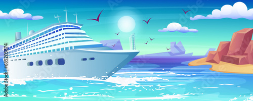 Summer cruise travel, sea liner, holiday vacation journey, tourist recreation, nautical voyage, cartoon sky, island coast. Vector illustration