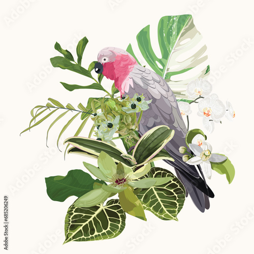 Summer design with pink parrot bird, tropical beach background banners. Voucher discount. Card template.