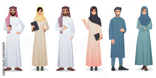 Arabian man and woman portrait full height, traditional muslim female and male character. Saudi national wear. Islamic young family. Beard and mustache. Family couple. Vector illustration photo