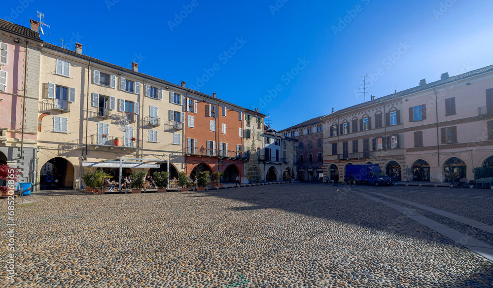 VERCELLI, ITALY NOVEMBER 25, 2023 - View of Cavour Square in the city center of Vercelli, Italy
