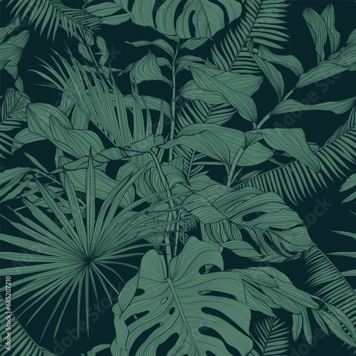 Seamless pattern background with Solomon's seal (Polygonatum multiflorum), palms, monstera leaf drawing illustration. Exotic tropical line illustration.