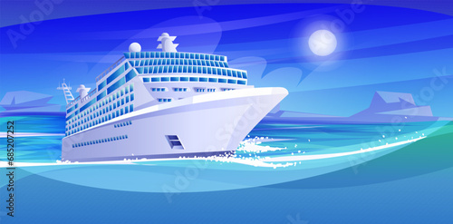 Summer cruise travel, sea ship liner at night, holiday vacation journey, tourist recreation, nautical voyage, cartoon sky, summertime luxury resort, mild moonlight. Vector illustration