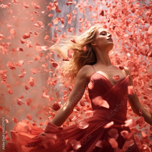 Beautiful blonde girl in a red dress among rose petals.