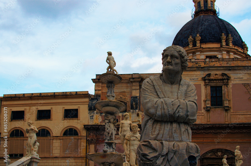 Amazing Palermo Praetorian Fountain in center of Piazza Pretoria. Notable landmark. Depicted ancient Greek Mythology. UNESCO World Heritage Site