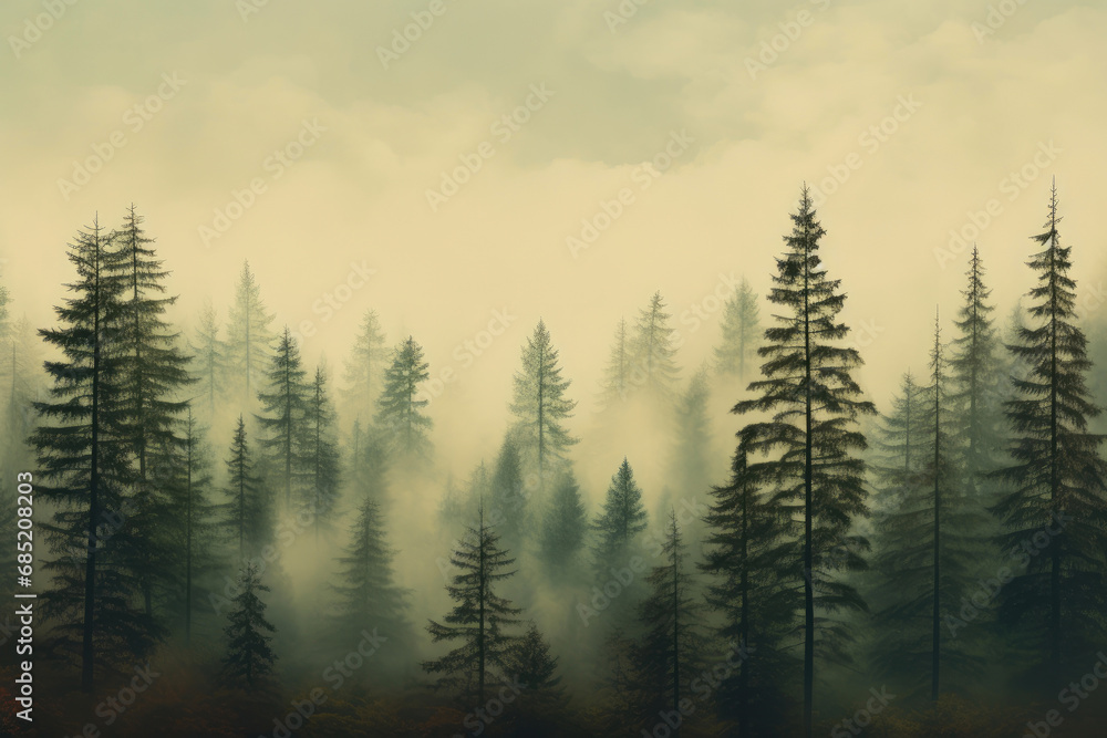 Misty Evergreen Woodland in Retro Style