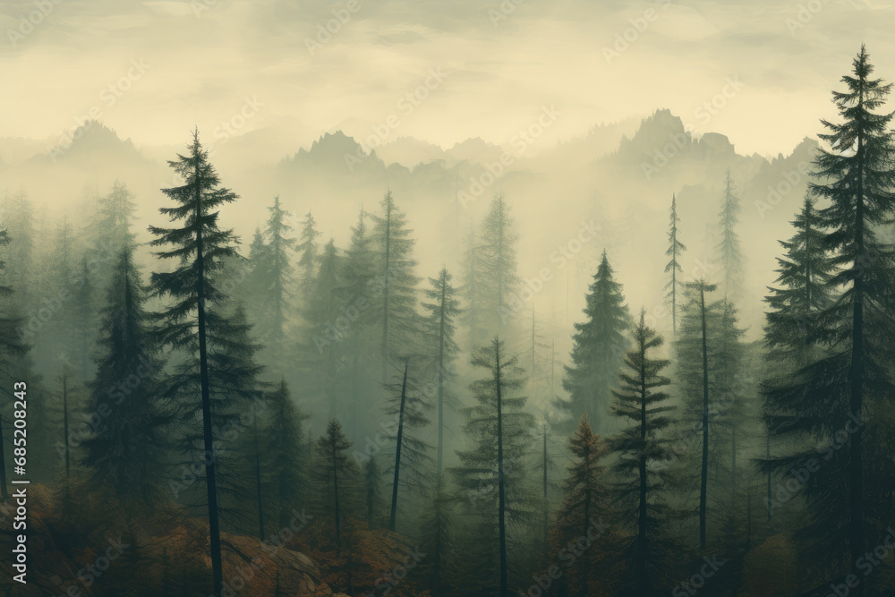 Retro Vibes: Pine Trees Amidst Fog