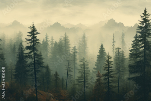 Retro Vibes  Pine Trees Amidst Fog
