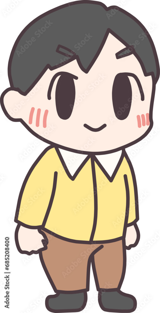 ミニキャラにデフォルメした、黄色いシャツを着た笑顔の成人男性の全身イラスト ミニキャラにデフォルメした、黄色いシャツを着た笑顔の成人男性の全身イラスト