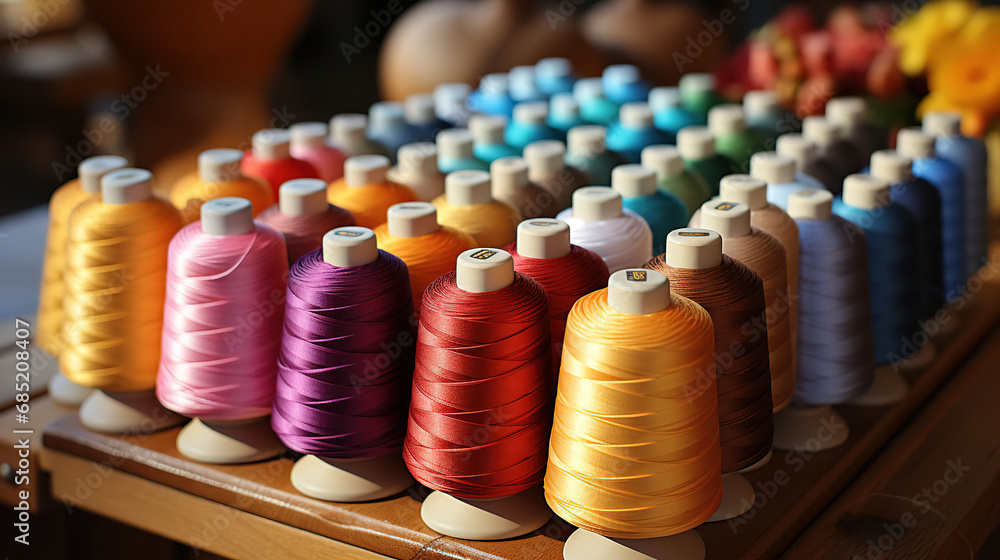 Colorful Spools of Thread Arranged on a Wooden Tray Colorful Spools of Thread Arranged on a Wooden Tray