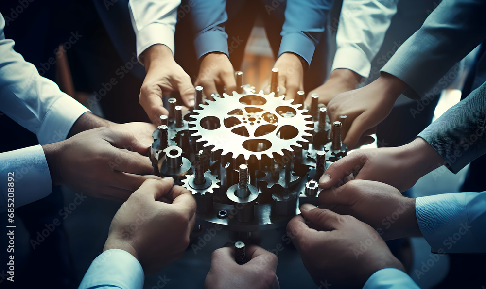 Business People holding Gears and Teamwork Concept, Business team connect pieces of gears. Teamwork, partnership and integration concept, ai generated photo