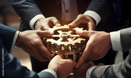 Business People holding Gears and Teamwork Concept, Business team connect pieces of gears. Teamwork, partnership and integration concept, ai generated photo