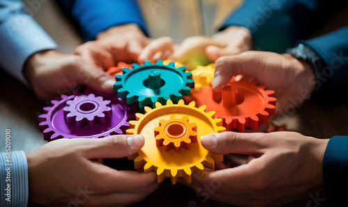 Business People holding Gears and Teamwork Concept, Business team connect pieces of gears. Teamwork, partnership and integration concept, ai generated photo photo