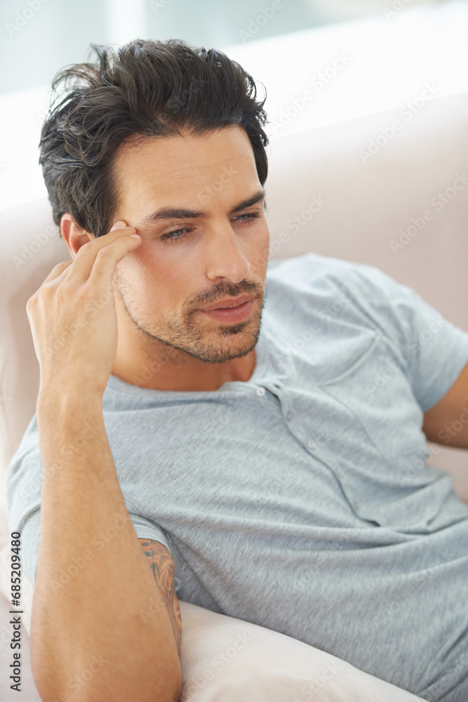 Man, hand and headache in morning home for hungover mistake, fatigue fail or migraine problem. Male person, vertigo or brain fog tired risk from stress overworked or unhappy, thoughts or pain temple Man, hand and headache in morning home for hungover mistake, fatigue fail or migraine problem. Male person, vertigo or brain fog tired risk from stress overworked or unhappy, thoughts or pain temple
