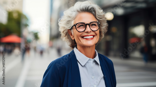 Gleeful Senior Businesswoman in Urban Setting