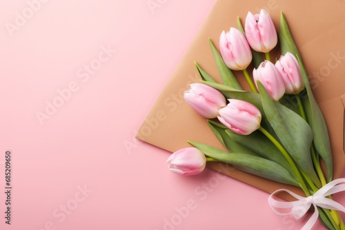 A Beautiful Bouquet of Pink Tulips Resting on a Rustic Brown Envelope © AI Visual Vault