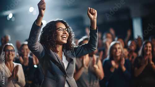 business woman success, getting a standing ovation at a conference, crowd clapping, cheering
