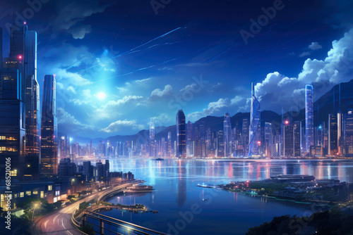 Radiant Urban Nights  Skyscrapers Illuminated in Splendor