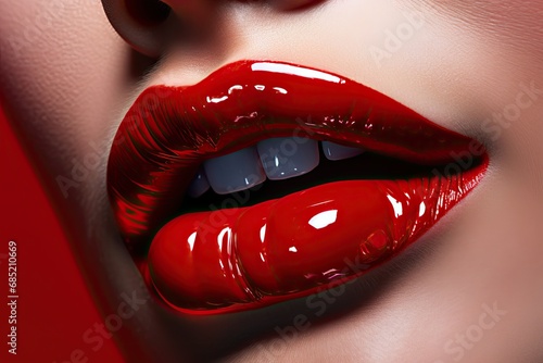 Passionate pout. Detailed close up of attractive lips enhanced with vibrant red lipstick achieving luxurious and glamorous appearance