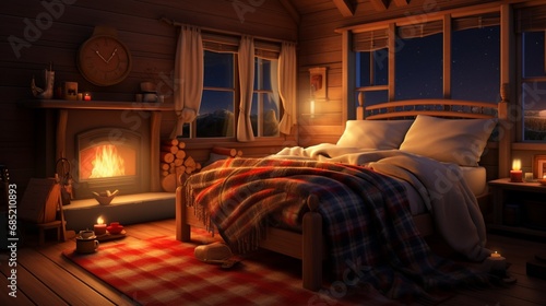 An intricate digital illustration of a cozy bedroom with a rustic theme, showcasing a wooden bed frame, soft plaid blankets, and warm ambient lighting, offering a comfortable and inviting atmosphere