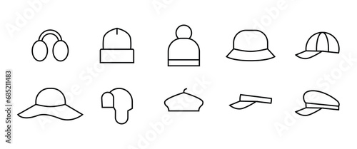 Hats icons set - beanie, baseball cap, sun vizor, beret, cowboy, bucket, summer panama line icons set, editable stroke isolated on white, linear vector outline illustration, symbol photo