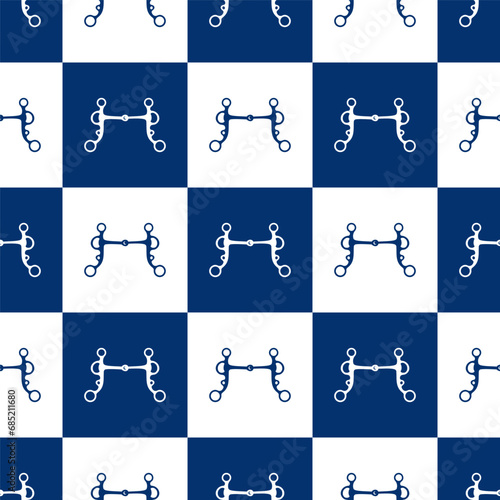 Seamless blue and white square grid pattern with horse bits