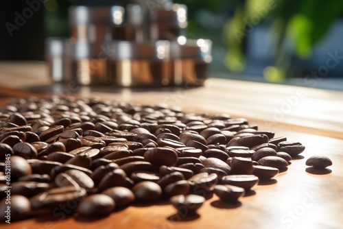 Coffee beans roasted on wooden table.