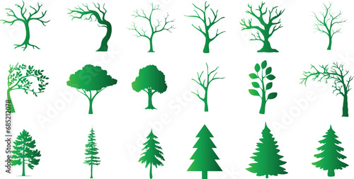 Vibrant, diverse tree vector illustration set. Perfect for nature, park, and forest-themed designs. High-quality, detailed tree icons showcasing various species and styles. photo