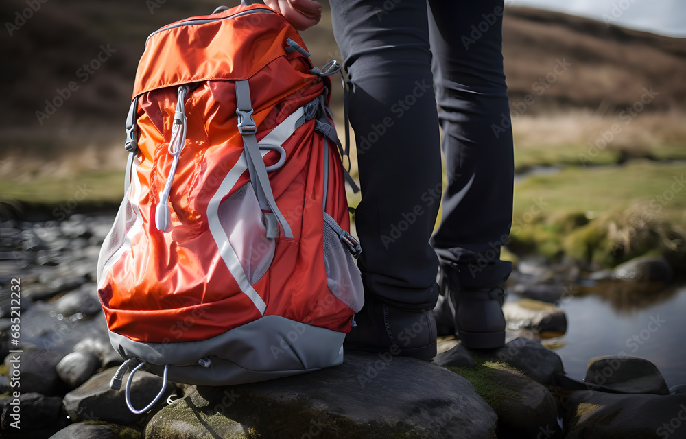 a young hiker with a red backpack in side of the river standing with mountains in the background a young hiker with a red backpack in side of the river standing with mountains in the background