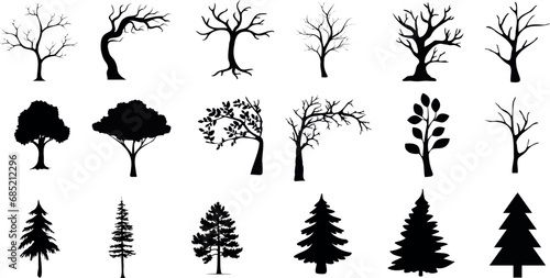 Tree silhouette vector illustration set, ideal for nature, forest, park, outdoors, isolated, background, different types, deciduous, coniferous, oak, pine, birch, maple, spruce, fir, cedar photo