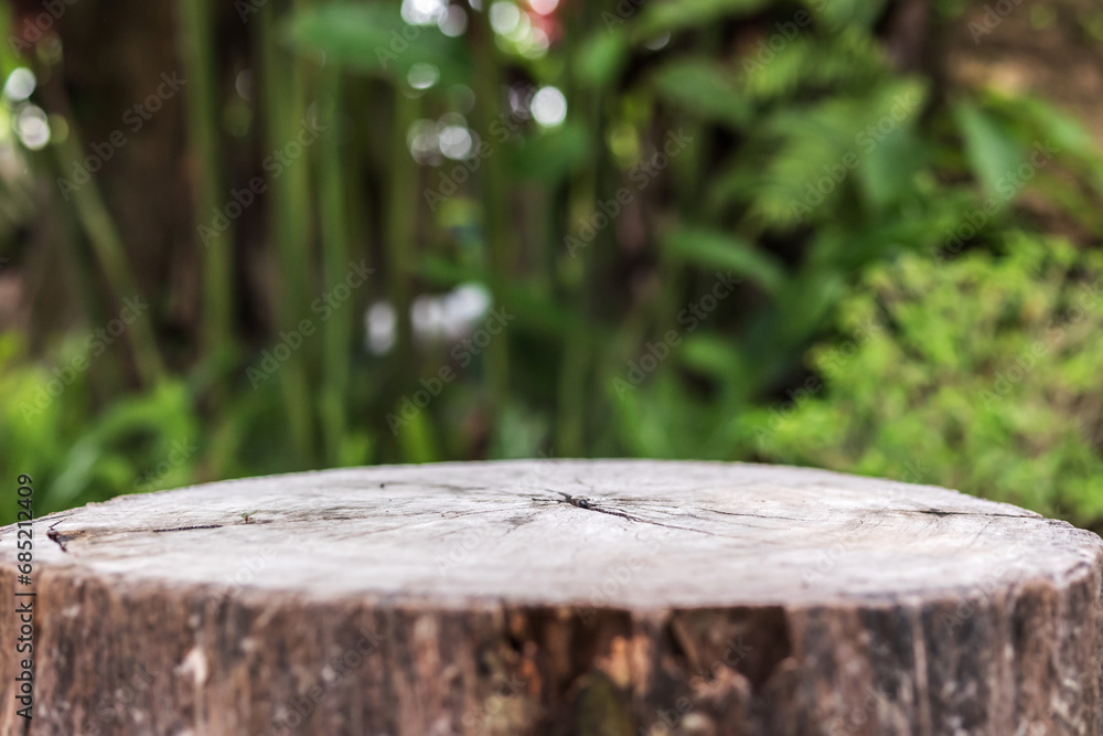 Fototapeta premium Empty old tree stump table top with blur green tropical garden background for product display
