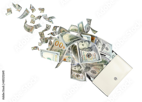 Dollar banknotes flying out from purse on white background