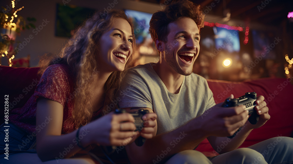 young couple playing video game, sitting on couch young couple playing video game, sitting on couch