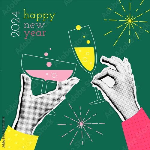 2024 New Year greeting card with glasses of champagne and fireworks. Elegant vintage banner template. Vector illustration in halftone collage style